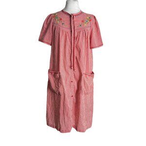 Vintage Smart Time USA House Dress Robe  Red Stripe Snap Floral Embroidered READ